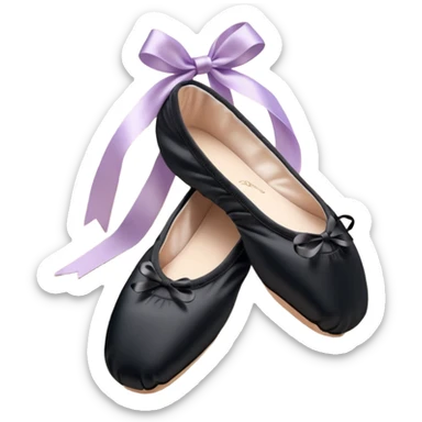 cinematic-realistic-ballet-shoes,-soft-satin-black-pointe-shoes-with-delicate-ribbons,-resting-gently-on-a-polished-wooden-floor,-subtle-creases-in-the-fabric,-glowing-under-the-warm-golden-light-of-a-rehearsal-studio,-evoking-ele sticker