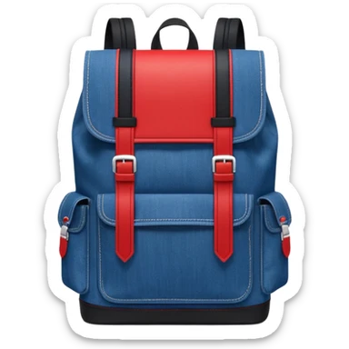 Minimalist emoji-style icon of a stylish blue denim backpack with a flap top, two vertical black buckle straps, a large red-white-navy horizontal block in the center, and two zipper side pockets. Inspired by Tommy Jeans design. Front view, cartoon-like, clean design.

 sticker