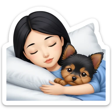 pretty asian girl with black hair sleeping in bed with small yorkshire terrier sticker