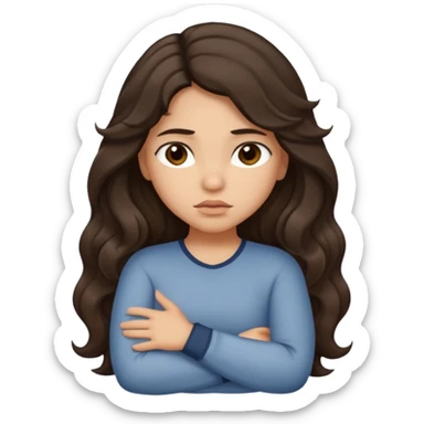Hispanic light tan girl with long dark wavy hair crossing her arms under arm pit and slightly pouting sticker