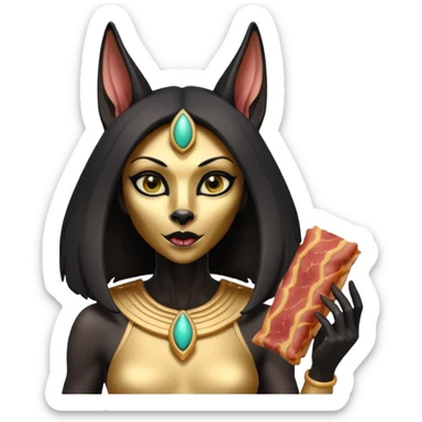  mean Short-eared Black fur beautiful female alien anubis statue posed biting on store-brand bacon packaging  sticker