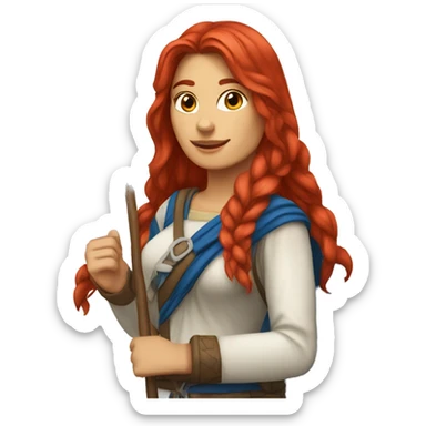a red long hair female mountain summiteer with greek flag sticker