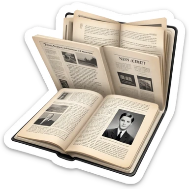 Icon for Non-Fiction & Narrative Reading: an open book with historical facts and narrative text on the pages, featuring black-and-white photos, news clippings, and an open folder with top-secret documents. Transparent background. sticker