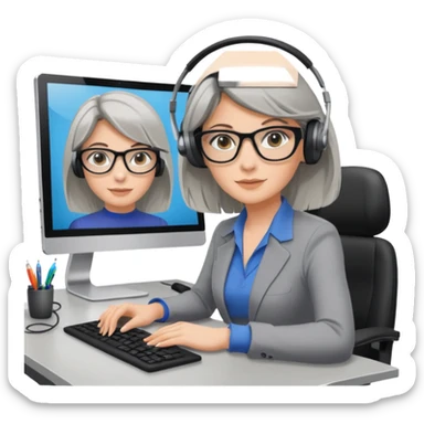 donna bionda occhi azzurri con occhiali grigio/neri, capelli media lunghezza lisci, davanti al pc alla sua scrivania. è una grafica editoriale e redattrice sticker