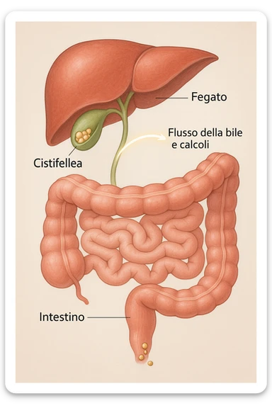A realistic, educational medical illustration showing the human digestive tract focusing on the liver, gallbladder, bile ducts, and intestines. The gallbladder is depicted with small gallstones inside. A soft glowing arrow indicates the flow of bile and small stones moving naturally from the gallbladder through the bile ducts into the intestines. In the colon, small softened gallstones are shown being prepared for elimination, symbolizing their removal through bowel movements. The style is clean, precise, and clear with soft anatomical colors (greens, soft reds, and yellows) and faint glowing arrows to illustrate the process. The background is a subtle neutral gradient to keep the focus on the organs and the pathway. The image conveys the concept of natural gallstone elimination through the intestines via the stool in a clear, non-graphic, and educational way in italiano sticker