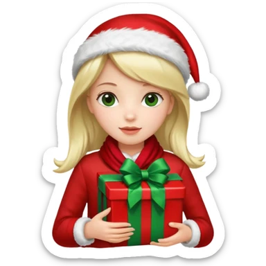 a girl wearing a chirstmas jacket and scarf and holding a christmas gift sticker