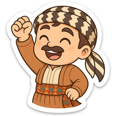 Create a chibi Kurdish cartoon sticker based on the reference image, showing a victorious (success/achievement) expression. sticker