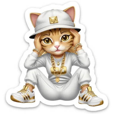 female cat lying down horizontally on the ground, crying, wearing Run DMC hip-hop outfit with tracksuit, fedora, Adidas sneakers, many gold chains, rings, bracelets, flashy earrings, no sunglasses sticker
