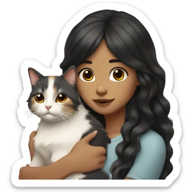 TAN SKIN GIRL with LONG BLACK WAVY HAIR and BANGS; HUGGING a LIGHT BROWN, GRAY, WHITE CALICO CAT  sticker