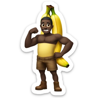 Use standard IOS emojis of a banana, a log, an obergine and flexed biceps: dark skin ton and generate the following: an obergine with two logs as eyes and a banana as smile and two biceps as h sticker