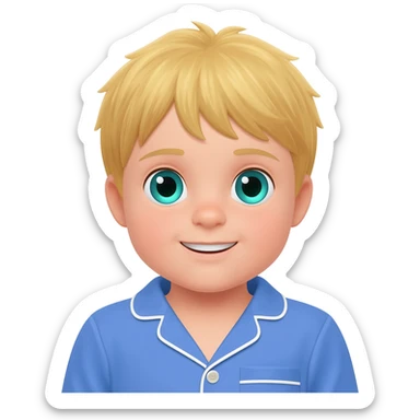 Create an emoji of the same blonde 3 year old as the first one you did. happy boy with blue-greenish eyes putting on blue pajamas sticker