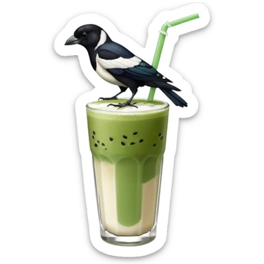 It’s an Australien Magpie (just black and white feathers) sitting on an iced matcha latte on the edge of the glass. It has green matcha on its beak indicating it drank. The iced matxha latte is in a see through glass and white from the oat milk on the bottom and green on top… one straw and ice cubes sticker