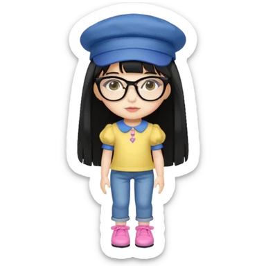 A yellow-skinned girl with long straight black hair, flat bangs, black frame glasses, a white puffy sleeve doll shirt, blue jeans and pink shoes, and a black painter's hat，no yellow spikes. sticker