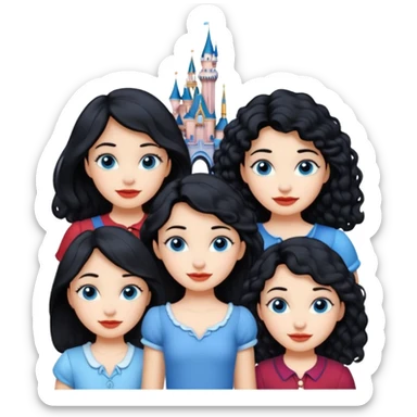 escribe el nombre Disneyland Paris y para titulo, pon a quatro chicas: una pelo corto negro, una pelo rizado largo, una pelo largo liso y la otra pelo ondulado mediano, esta con el ojos azules. Todas tienen piel carne y pon las chicas por los sitios después del nombre sticker