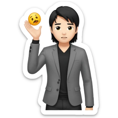 asian young man with long black hair falling on the forehead in grey blazer and black t-shirt  sticker