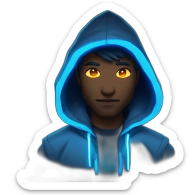 developer behind his laptop with this style : Riot Games Valorant dark blue glowing bright neon blue sparks black hooded assassin themed character sticker