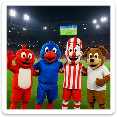 A fun, casual night scene in a modern soccer stadium: five mascots in colorful costumes stand on a green field under bright stadium lights. From left to right: red and white mascot, blue and red mascot in the center, white and red striped mascot, brown and white mascot on the far right. Red seats, a large screen with a soccer match, distant crowd, and vibrant team spirit fill the scene. sticker