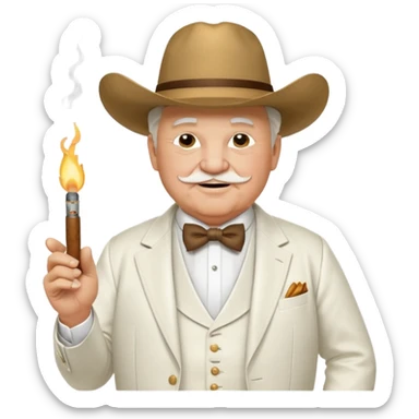 Create an emoji of an older, chubby man wearing an elegant all‑white suit with white waistcoat, white bow tie, and a large white cowboy hat. He is smirking confidently and holding a lit cigar in one hand in front of his chest. The character should look like a greedy, arrogant rich politician. sticker