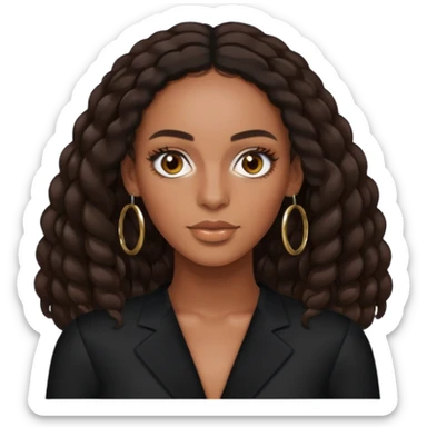 Solange brown eyes, long dark brown hair, black outfit with earrings sticker