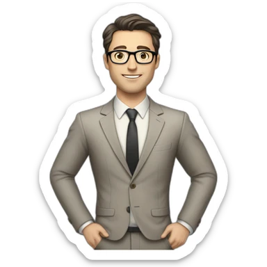 Full height Pale skinned Fit Man With dark brown hair in classic gray suit, beige office shirt, dark gray tie, and vintage glasses. His hands lock sticker