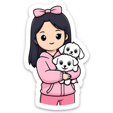 Beautiful girl with long straight black hair, fair skin, wearing pink clothes, holding a pure white fluffy Maltese dog sticker