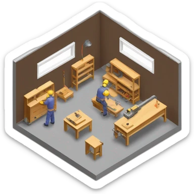 isometric square solid outline border containing indoor creative factory woodworking metalworking people active working cnc machine tools simple clean industrial makerspace concrete #edc31b  sticker