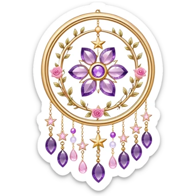 Epic beautiful gorgeous cute gold suncatcher, threads with shiny sparkly amethyst and rose-quartz gemstones, flowers, moons, stars, leaves, detailed sticker