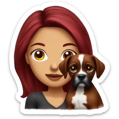 Beautiful tattooed  burgundy long haired woman holding a boxer puppy sticker