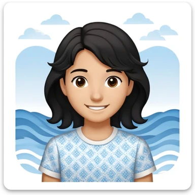 teenager with wavy black hair and dark brown slightly black eyes. wearing a white shirt with light blue patterns on the right and left. Expressing happiness while smiling sweetly  sticker