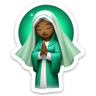 Virgin Mary: kind face looking down at the left Wearing an emerald green  robe and a light blue veil. Hands in prayer or blessing. Halo around her head. standing on a crescent moon.  sticker
