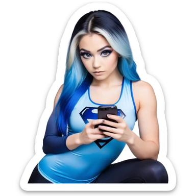 Shameful-head tilted-texting on phone-very very very large upper body-sexy face-bending forward at waist-very long very straight dark blue to light blue ombre hair-and-blue eyes-thick black eyeliner-thick long eyelashes-iridescent blue lowcut tanktop with black leggings with glitter superman logo sticker