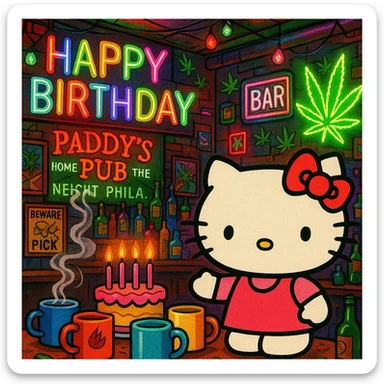 maximalist birthday scene with Hello Kitty, Sunny in Philadelphia bar, coffee mugs, cigarette smoke, weed leaves, neon colors, busy layout sticker