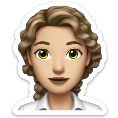 female real state agent with long wavy brown hair an green eyes with nice pinkish lips dressed with a white shirt and a few freckles sticker
