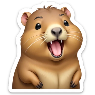 Cinematic Cute Yawning Capybara Portrait Emoji, Head tilted slightly with a dramatic, wide-open yawn, showcasing a plush, rotund body with a gently relaxed capybara face, including a short snout and subtly drooping ears, with drowsy, half-closed eyes rendered in exquisite detail; high shine, relaxed yet expressive, styled with a dash of playful natural charm, soft glowing outline, capturing the essence of a sleepy yet affectionate capybara that appears ready to stretch out for a peaceful nap! sticker
