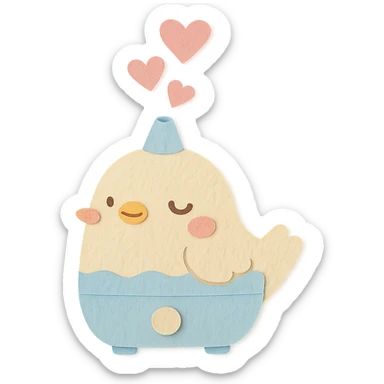 kawaii humidifier bird releasing heart-shaped mist, gentle smile, soft pastel colors, full-body sticker