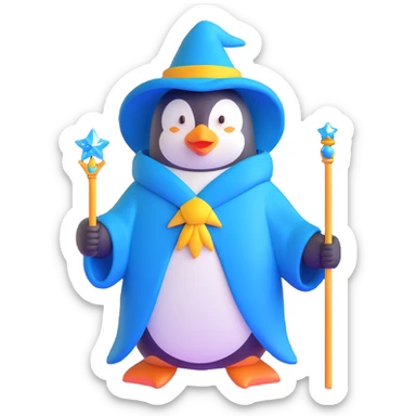 penguin wizard with a blue robe and sparkly wand sticker