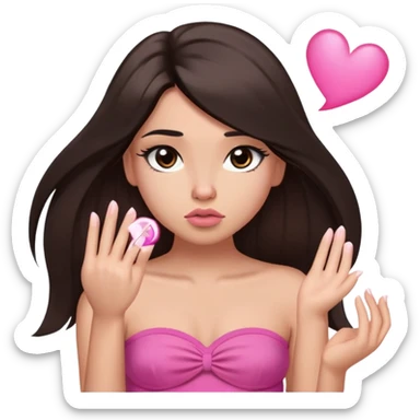 girl with lighter skin, dark brown long straight hair falling in front of her body, pouty shiny lips without cupid's bow, large eyes, lighter button nose, long oval-shaped face, wearing a pink bandeau top with straight neckline, looking directly at camera with hands down at sides sticker