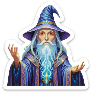 A luminescent enchanting Wizard stands beside an alter, his ethereal presence shimmering with otherworldly energy, each detail radiating with mystical power and ancient wisdom. The painting, a masterpiece of acrylic art, captures the Wizards hauntingly beautiful visage in exquisite detail. Swirls of cosmic colors dance around him, evoking a sense of celestial wonder, while intricate patterns of glowing runes adorn his intricate robe. The image is vivid and captivating, drawing viewers into a mesmerizing realm of fantasy and magic. sticker