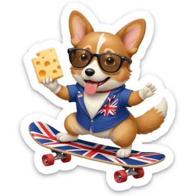 Corgi Dog with sunglasses skateboarding Union Jack eating cheese sticker