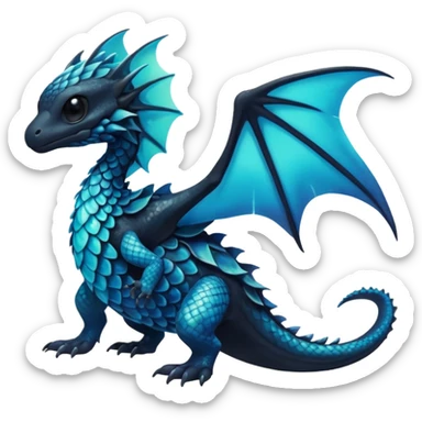 Multicolored dark shiny bioluminescent glowing black and cyan and blue gloomy spooky cute adorable scales-covered pretty cool elegant realistic abyssal exotic Fakémon-Pokémon-Trico-creature, full body sticker