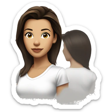 3/4 face, contrasted, shadow, light, Eva Longoria expression, standing from a distance, thin nose, brunette woman, hazel eyes, long eyelashes, dark shoulder shaded hair, white t-shirt, jeans, white sneakers sticker