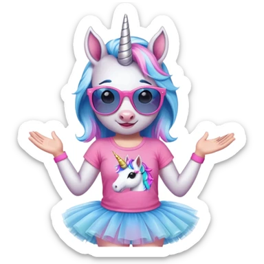 head and shoulders portrait of a friendly anthropomorphised female unicorn in tutu and pink t-shirt, wearing dark sunglasses, blue and silver color scheme sticker