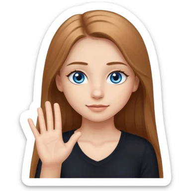 A girly girl with long eyelashes, very long light brown hair, blue eyes, with her palm up. with black undershirt sticker