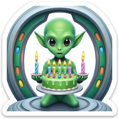 A detailed alien holding a colorful birthday cake with lit candles, standing inside a futuristic spaceship, cinematic lighting, ultra realistic textures, high resolution, dramatic shadows, sci-fi atmosphere
 sticker