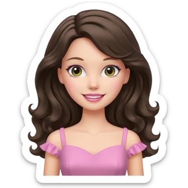 A white Barbie girl with long dark brown wavy hair in pale olive clothes pink and smail sticker