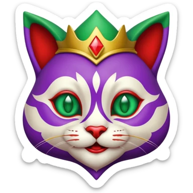 crazy colorful cute little cat jolly joker from poker, medieval, vintage, court jester, mac os icon, purple, gold and red color, half body, emerald green ice eyes. Squared shape as 3D mac os icon, symmetrical sticker