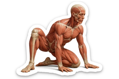 CORPO UMANO ANATOMICO REALISTICO CHE SVOLGE UN ESERCIZIO DI MOBILITà ALLE ANCHE, iperrealistico 4k sticker