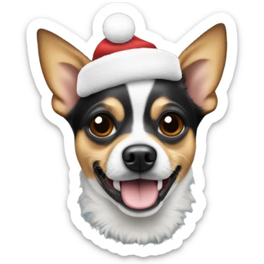 a dog that's a cross between a chihuahua and a jack russel, black, with grey in the face that is wearing a christmas hat sticker