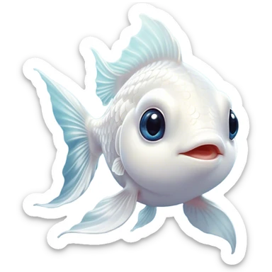 Cinematic Cute White Goldfish Portrait Emoji, Head tilted playfully and inquisitively, featuring a glossy, pure white body with delicate, shimmering scales and round, sparkling pale eyes filled with curiosity, Simplified yet irresistibly adorable features, highly detailed, glowing with a warm, friendly glow, high shine, affectionate and lively, stylized with a touch of whimsy, bright and endearing, soft glowing outline, capturing the essence of a mischievous yet loving goldfish, so playful it feels like it could swim out of the screen and into your heart! sticker
