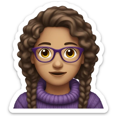 young girl, young hispanic, brown hair, long curly brown hair, brown eyes, purple winter sweater, glasses sticker